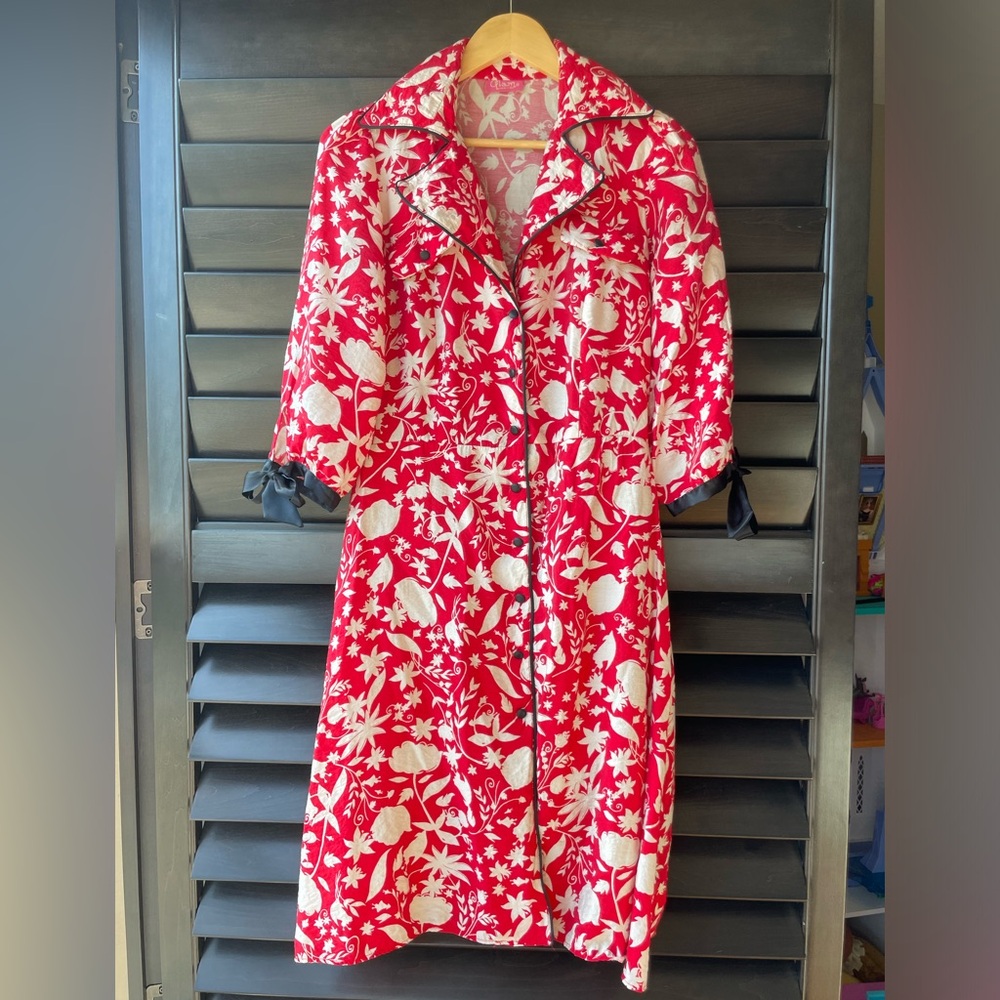 Glam Red Cream Floral Retro 60s Button Dress With Collar 3/4 Sleeves size M